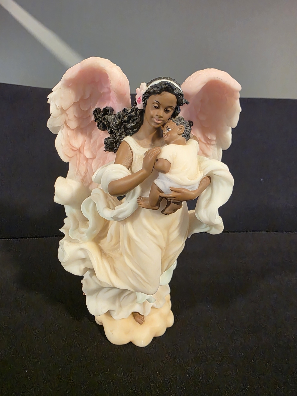 African American Guardian Angel Holding Baby Resin Figurine 8" Decor